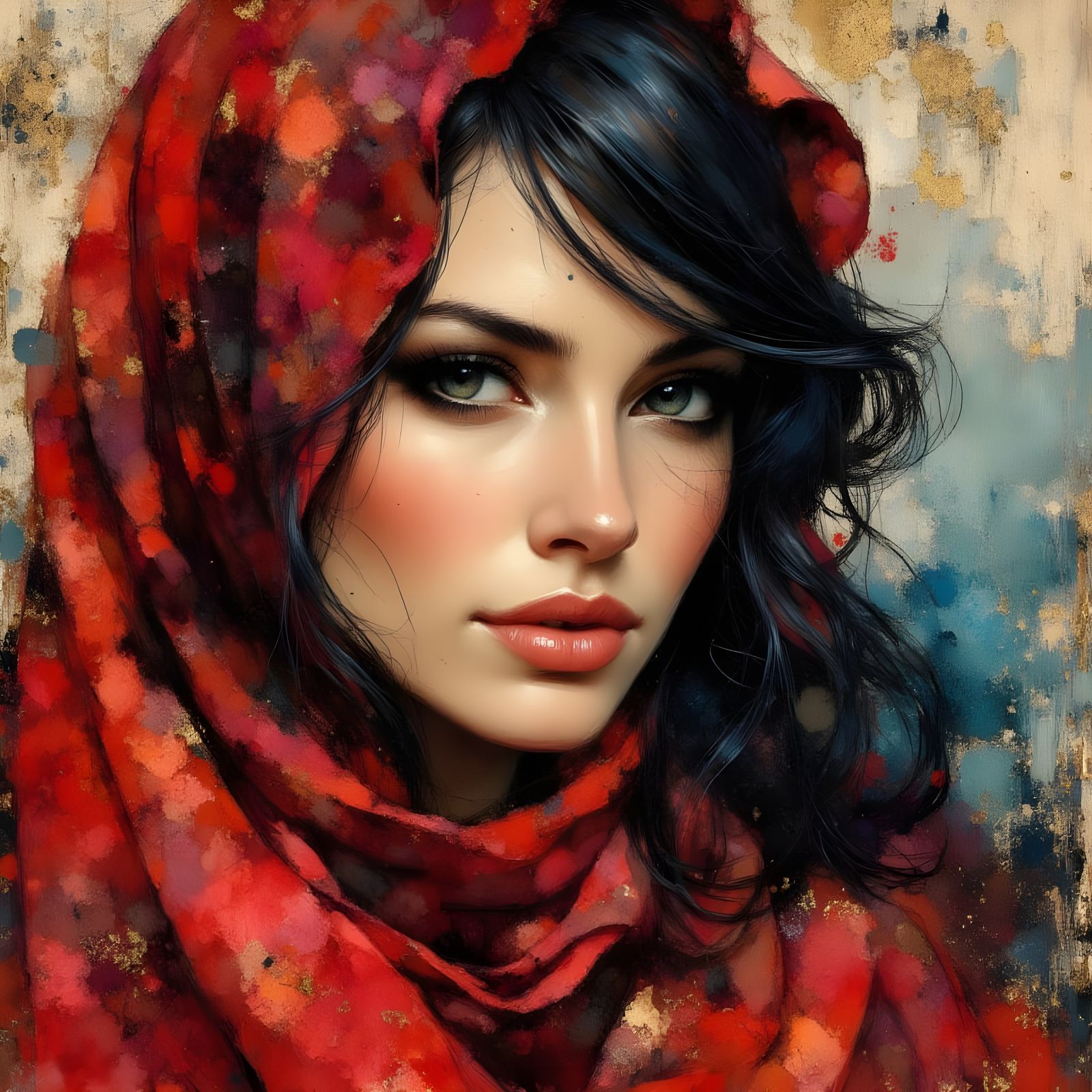 Goddess of Beauty in Red Silk, Painterly Impasto Style