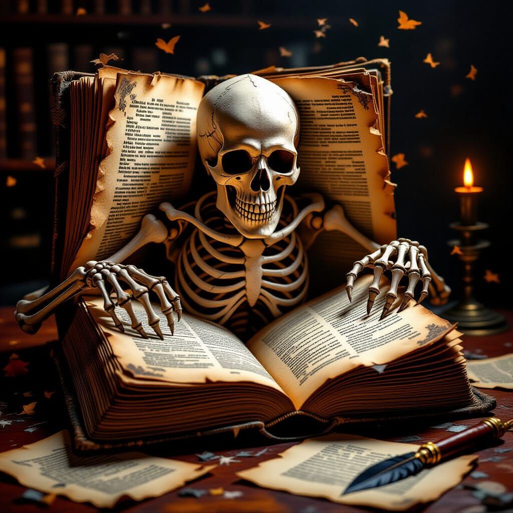 Detailed Skeleton Emerging from Ancient Book