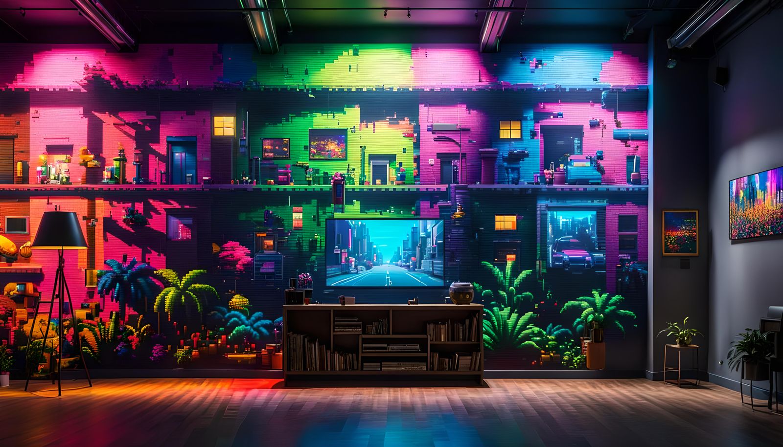 Pixelated Glitch Mural in Cyberpunk Style