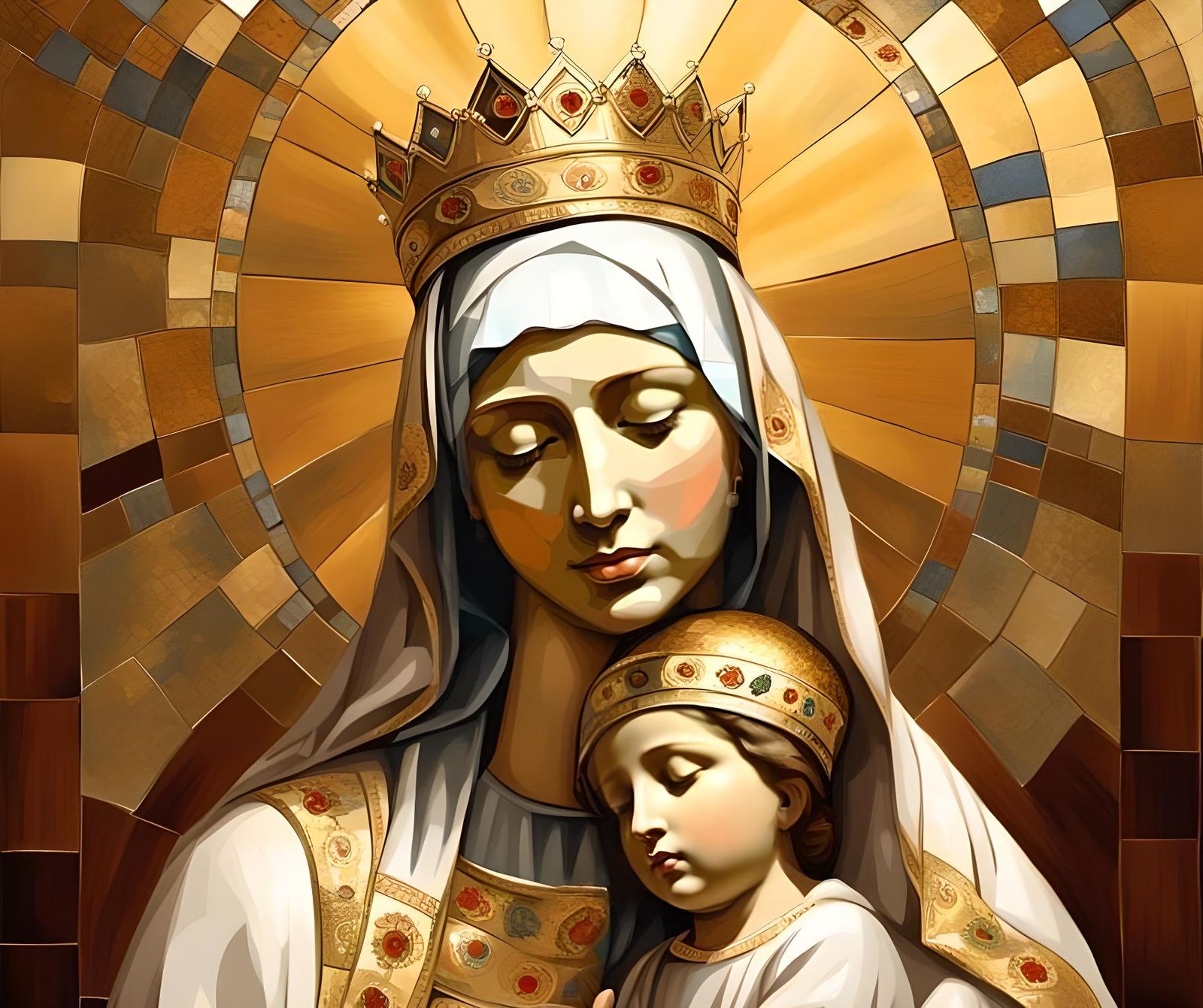Majestic Mother and Child Portrait in Mosaic Style
