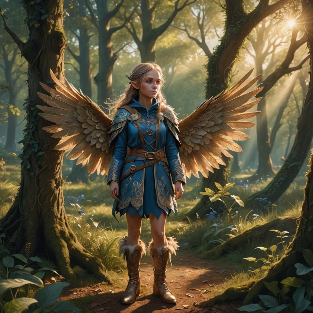 Elf Girl with Wings in Forest, Digital Art