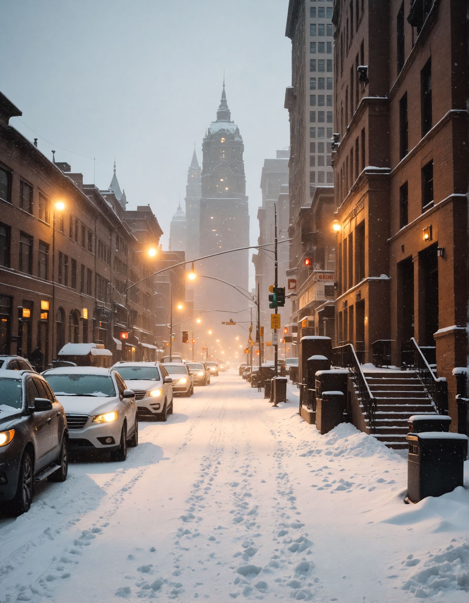 Snowy Downtown Cityscape in Hyperrealistic HDR