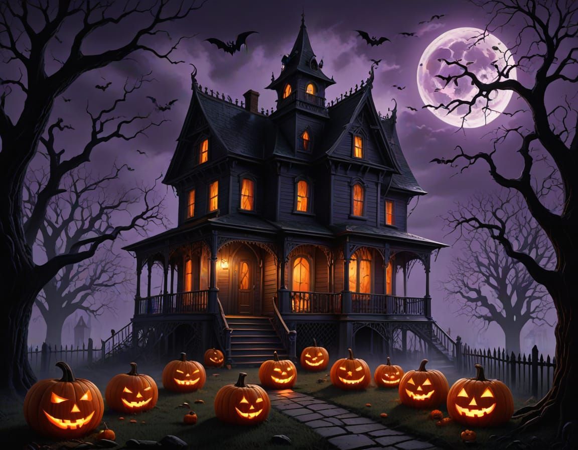 Spooky Haunted House on Halloween Night with Ectoplasmic Glo...