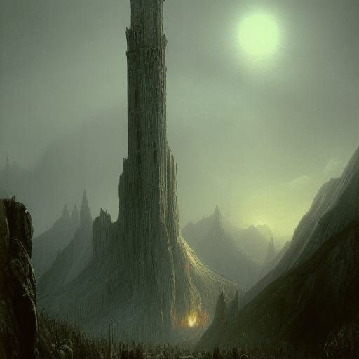 Isengard Wizard Tower at Sundown: Dark Fantasy Art