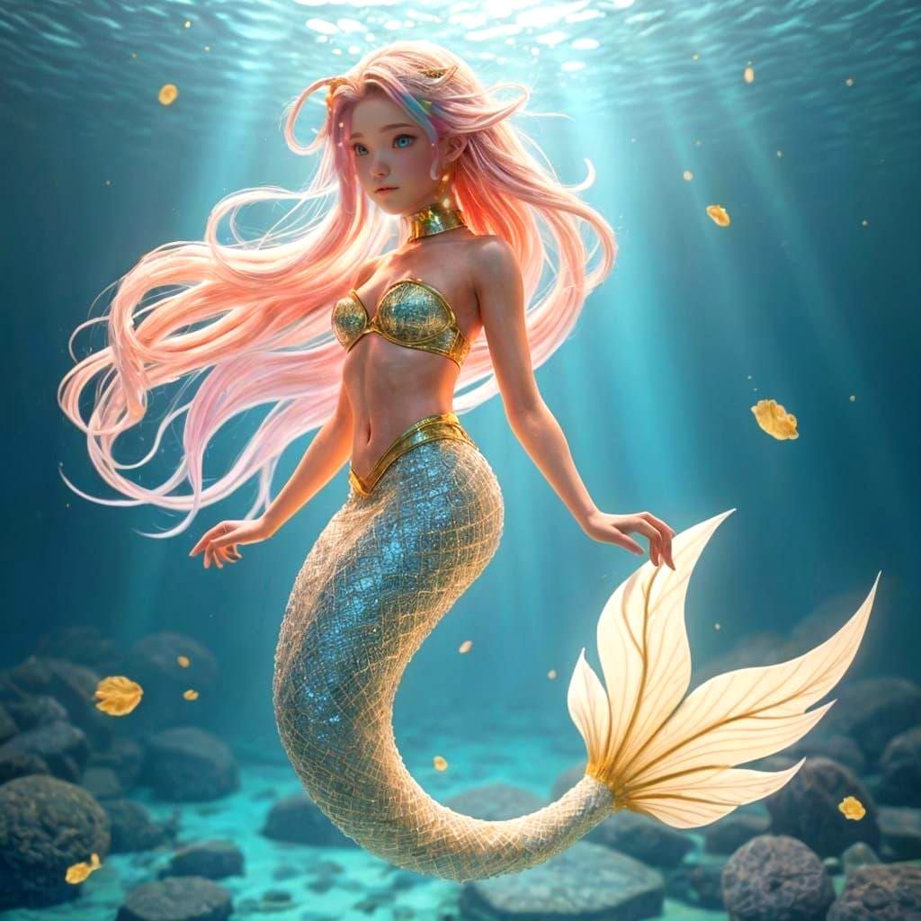 Anime Mermaid with Sparkling Scales and Rainbow Hair