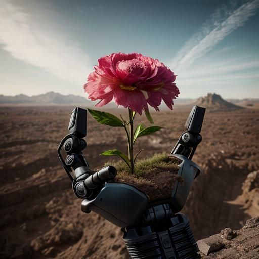 Robotic Hand Holds Flower in Post-Apocalyptic Landscape