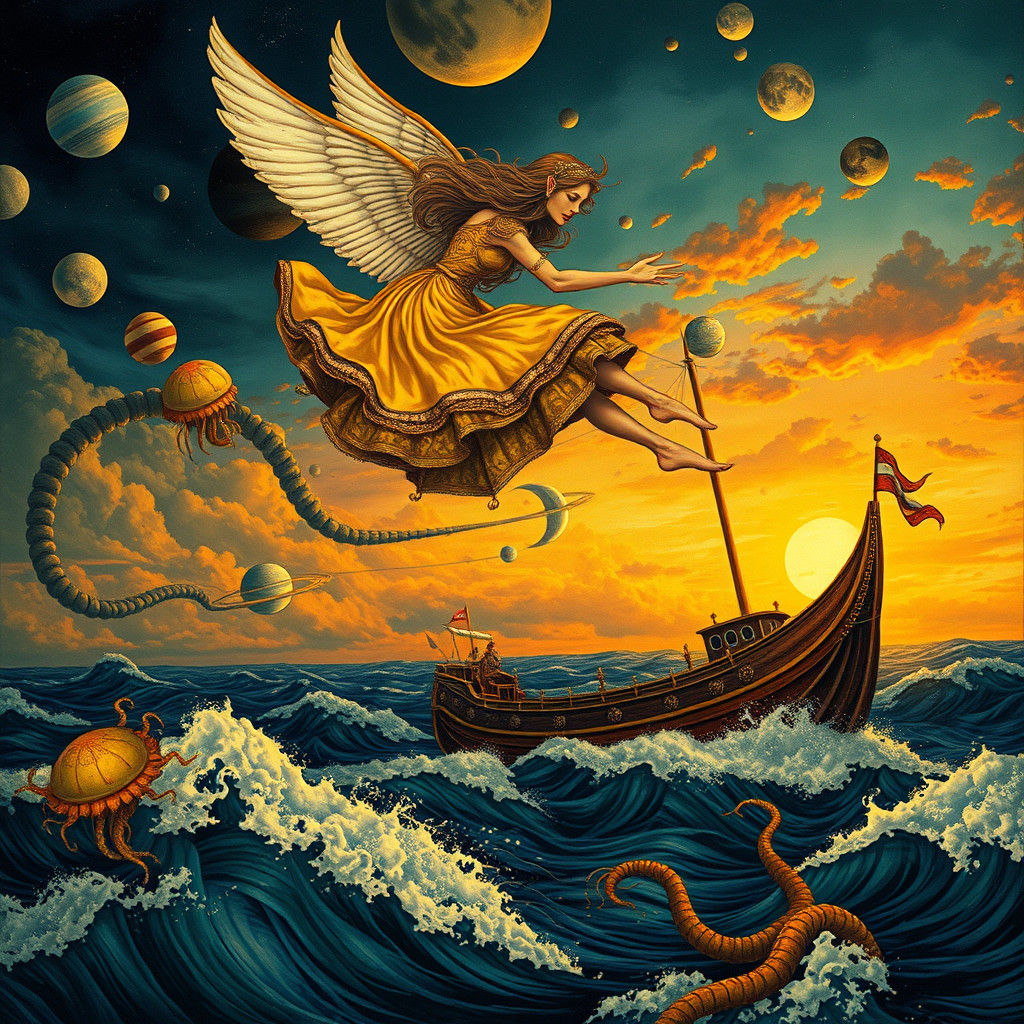 Golden Elf Woman Flies Above Viking Ship