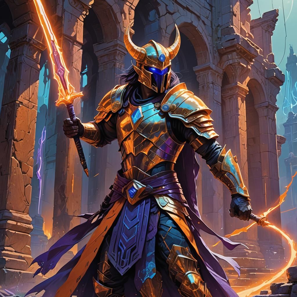Heroic Warrior Wielding Energy Blade in Fantasy Ruins