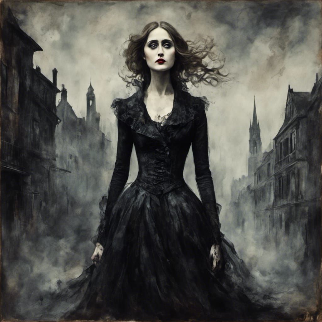 Gothic Femme Fatale in Dark Surrealist Town
