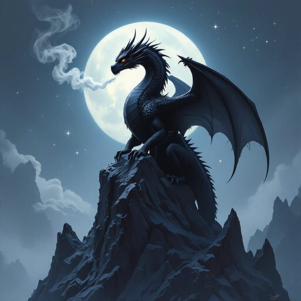 Majestic Black Dragon on Obsidian Peak in Dark Fantasy Style