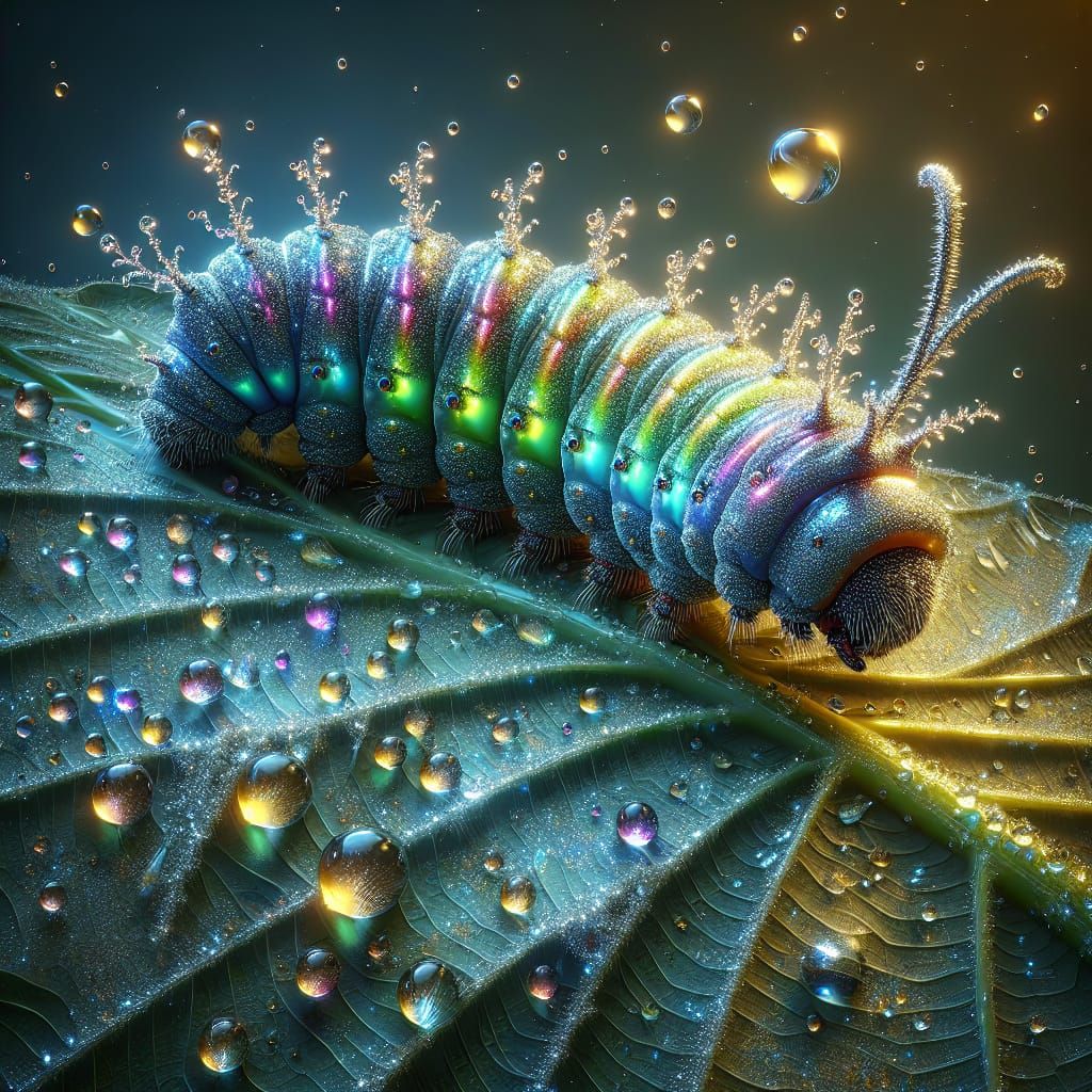 Rainbow Metallic Caterpillar on Dewy Leaf