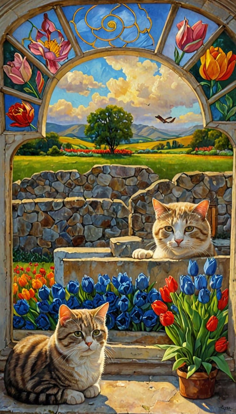 Cats in Arched Window: A Vibrant Oil Painting