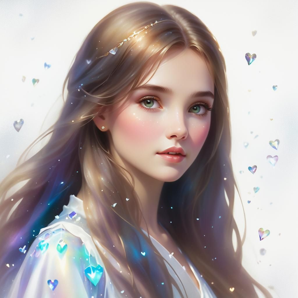 Ethereal Woman Creating Crystal Hearts in Dreamy Scene