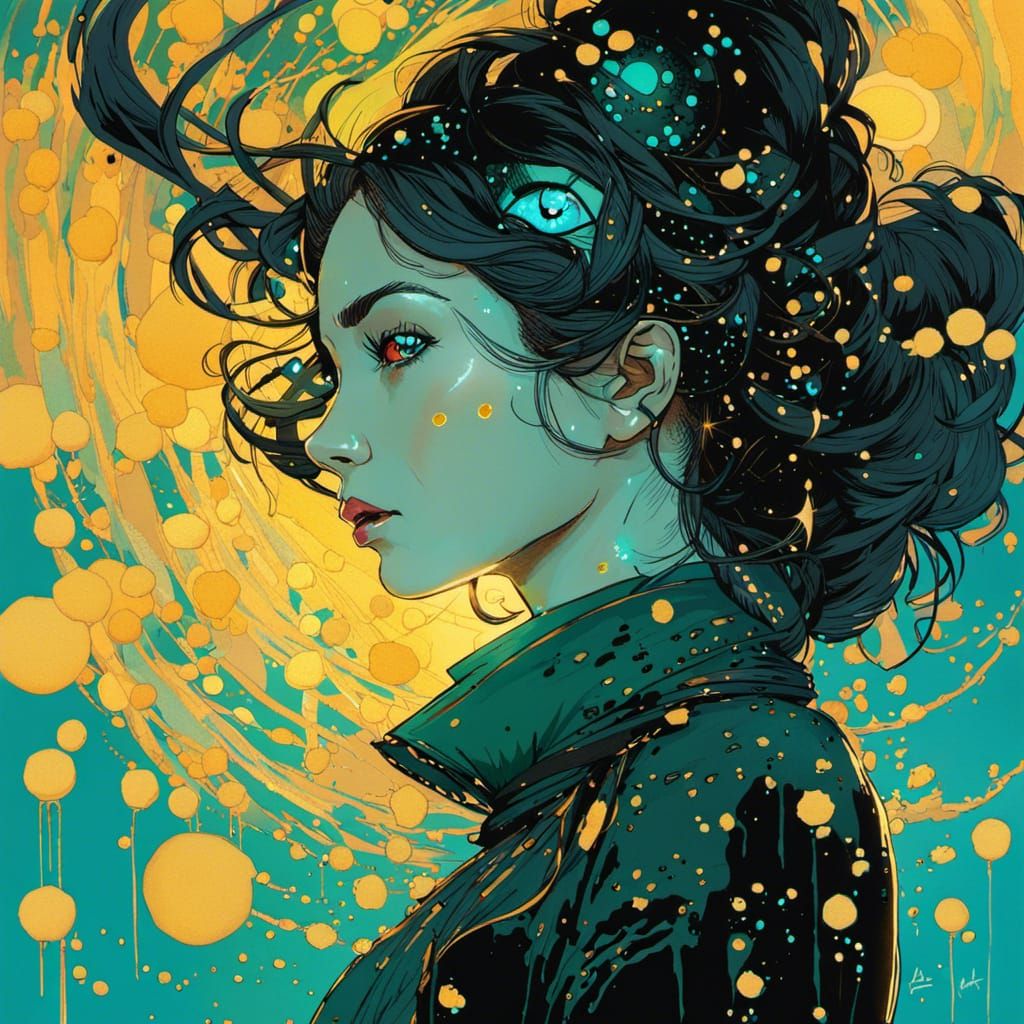 Cyberpunk Girl Portrait with Aqua Particles