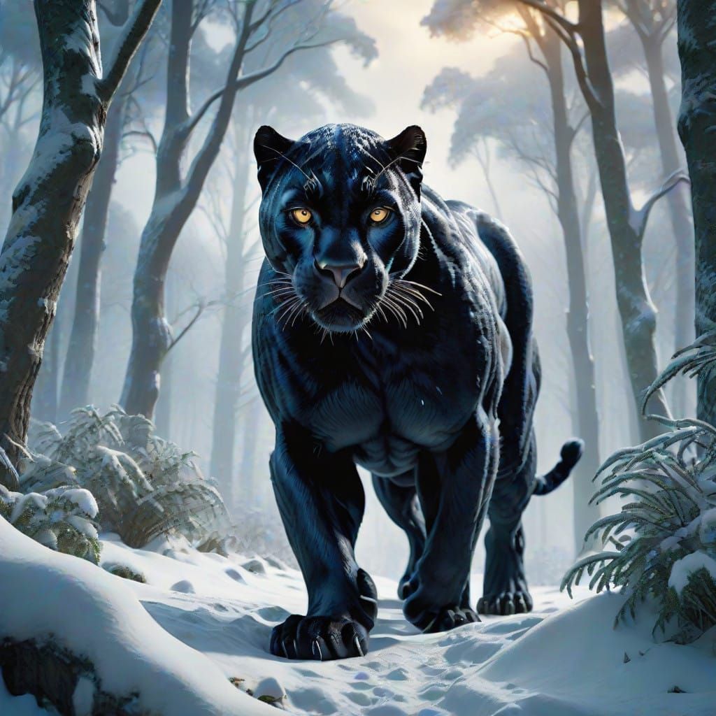 Winter Black Panther Emerging from the Snowy Woods