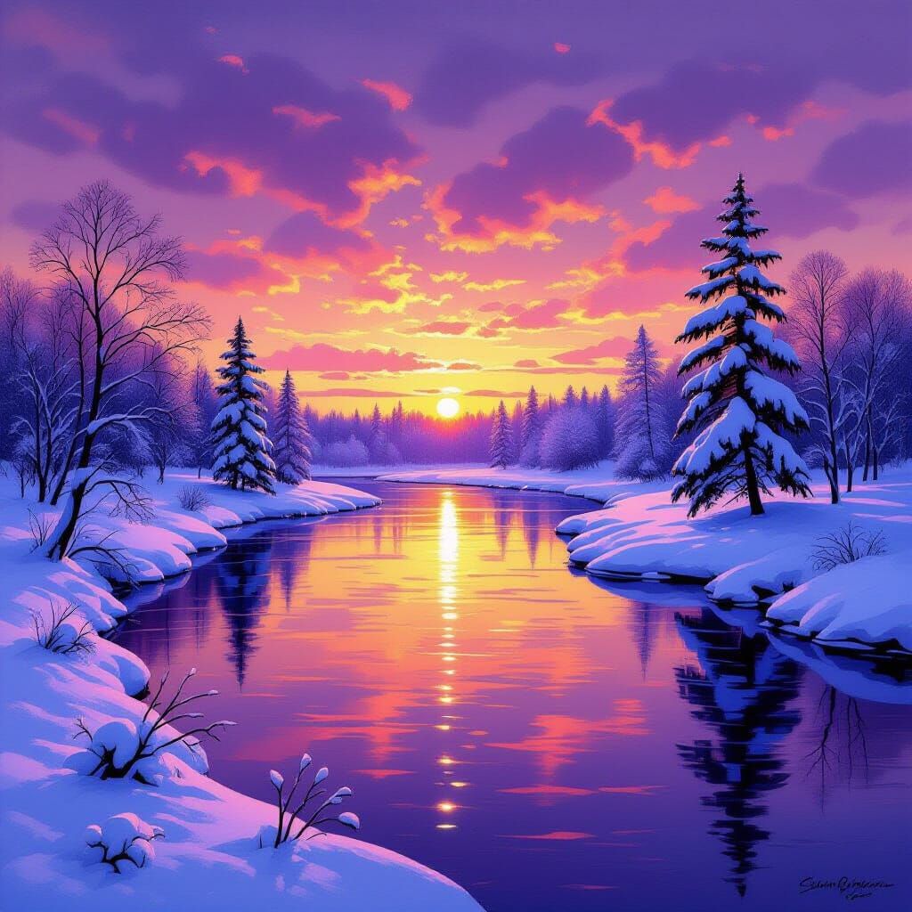 Serene Winter Sunset Landscape as Impressionist Painting