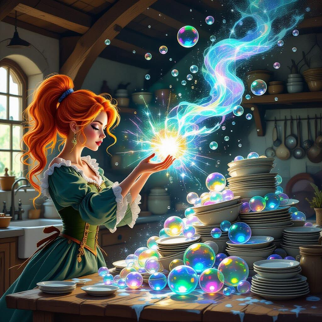 Witch Conjures Magical Bubbles to Clean Dishes