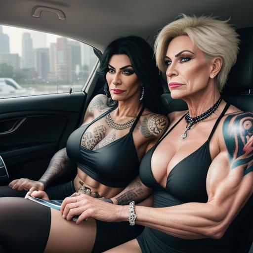 Two Muscular Women Flirting in a Car, Professional Photo