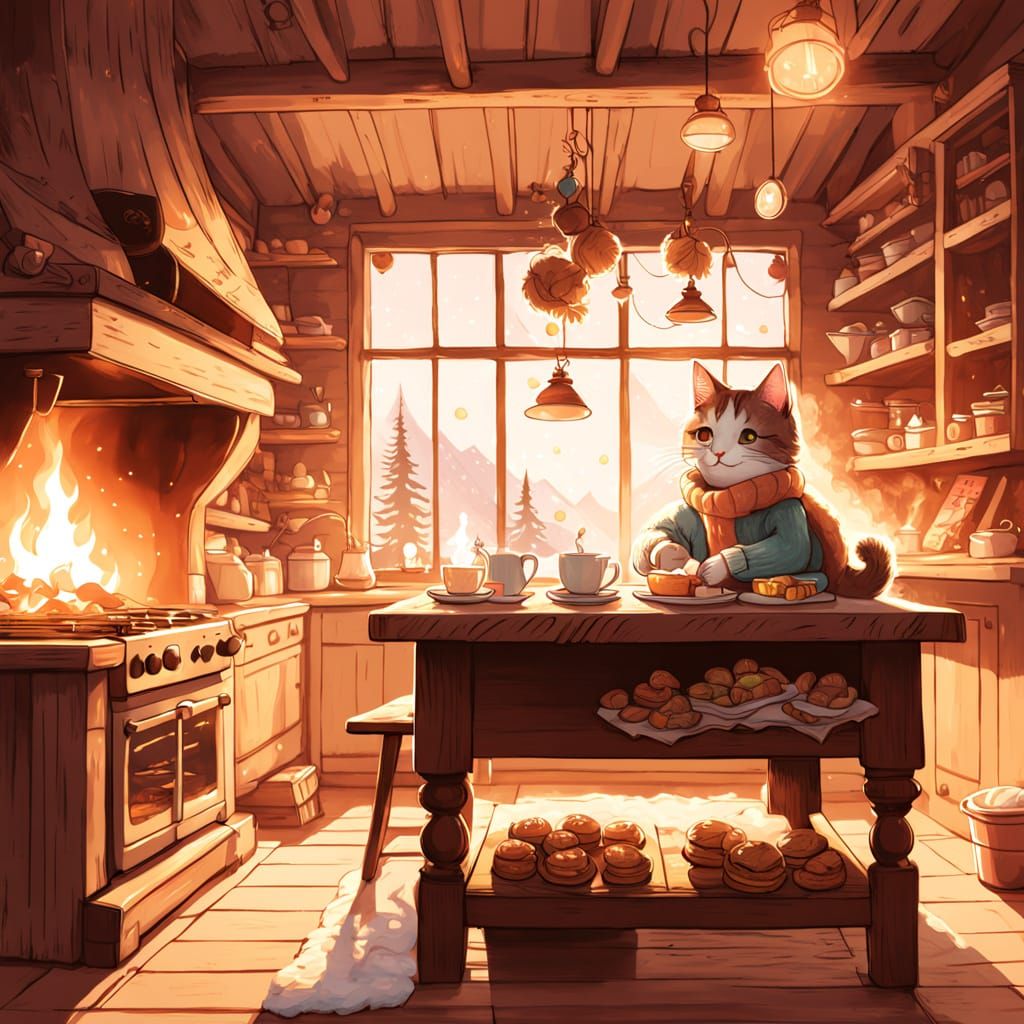 Cozy Winter Wonderland with Girl and Snowy Mountain View