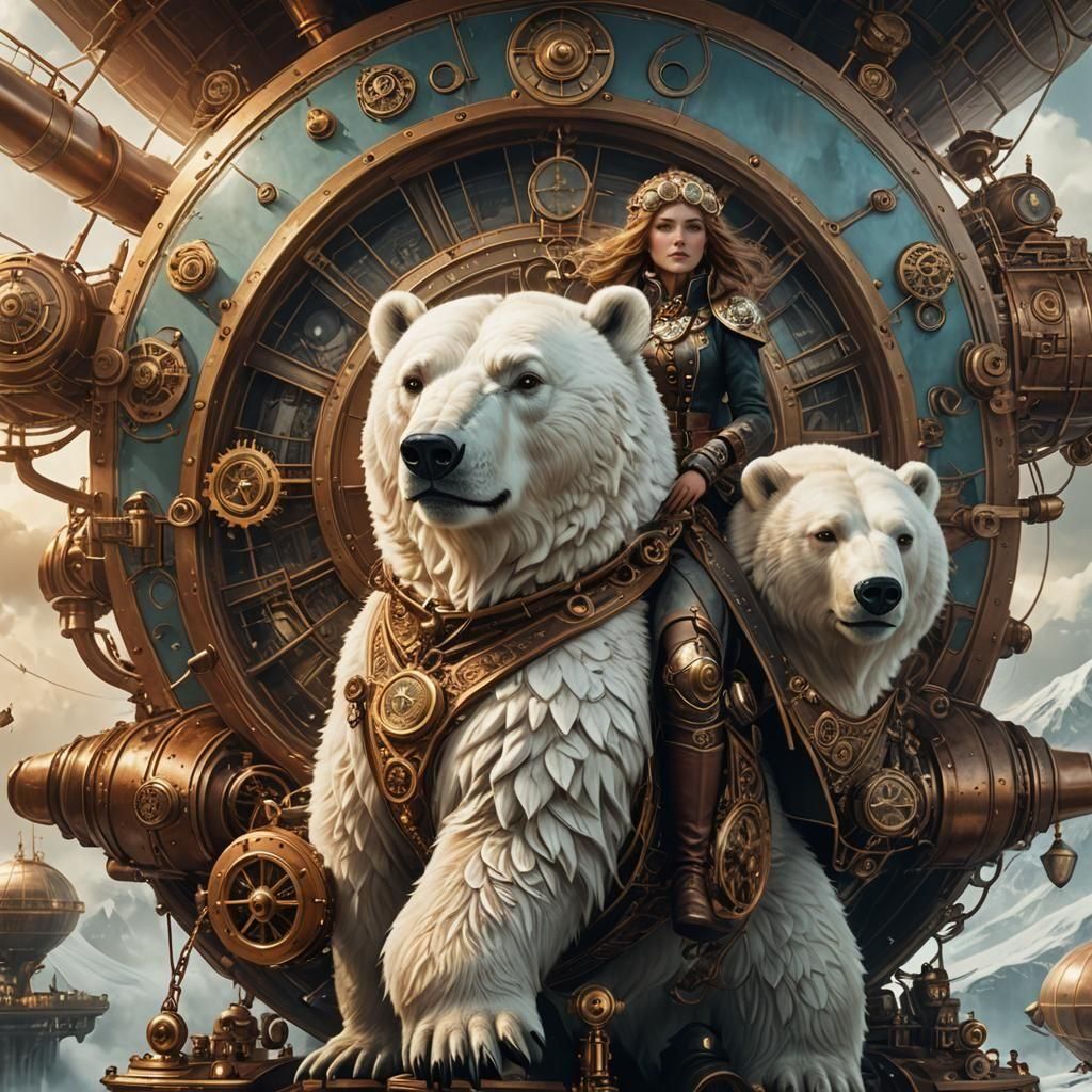 Elven Ice Maiden on Polar Bear Steampunk Airship