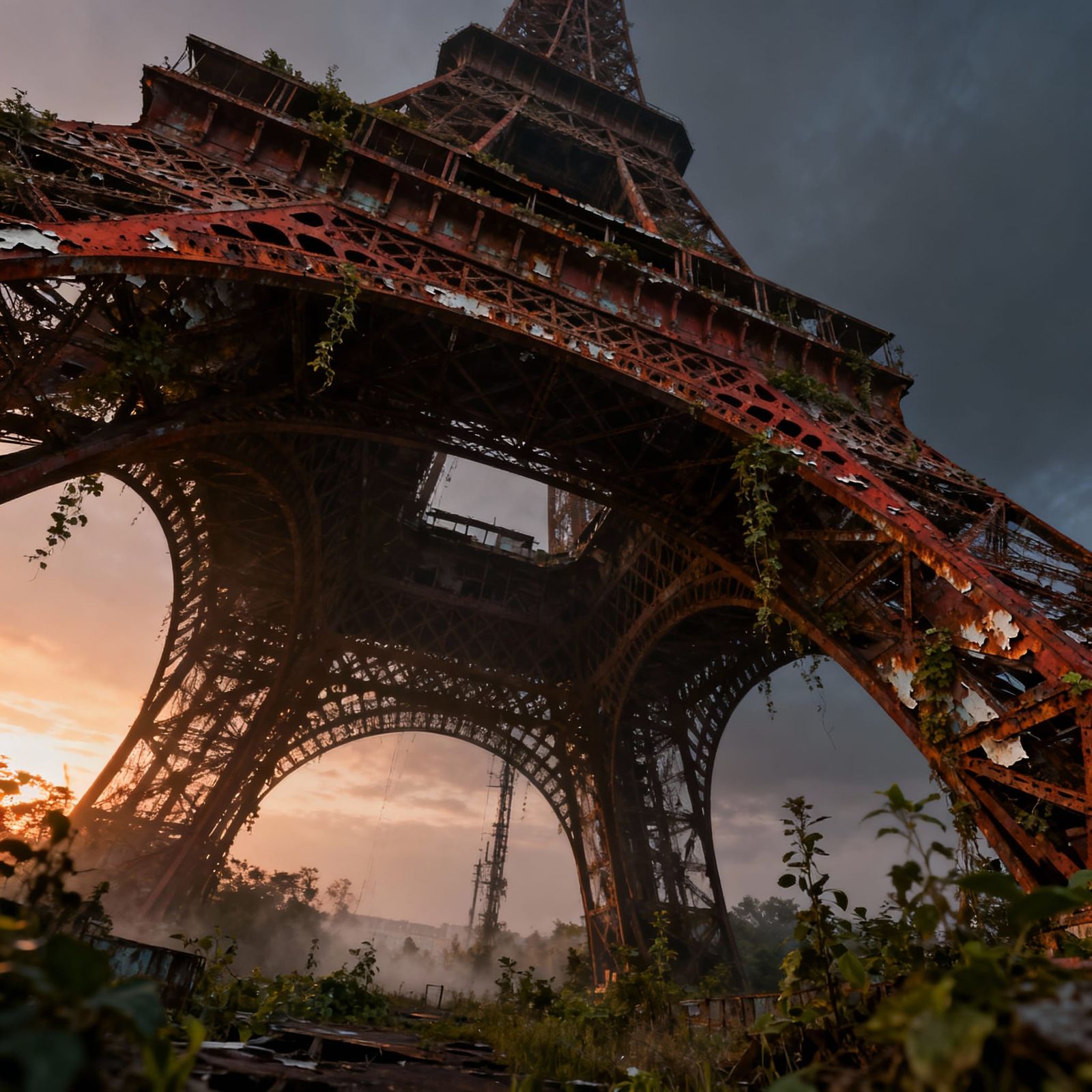 Abandoned Eiffel Tower Covered in Rust and Overgrown Plants