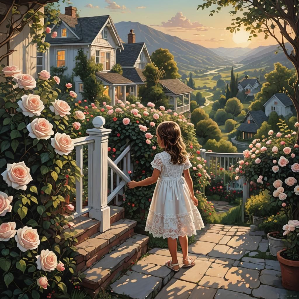 Hyperrealistic Garden Scene with Girl in White Dress