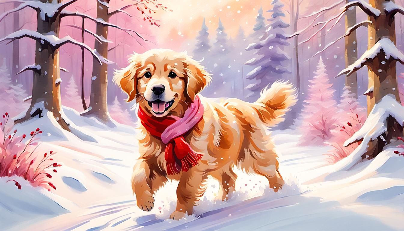 Golden Retriever Puppy Frolics in Winter Wonderland