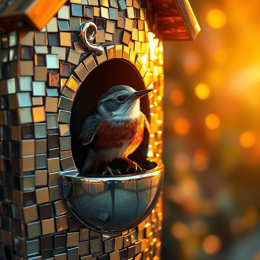 Chrome Mosaic Reflection of Happiness in Golden Light