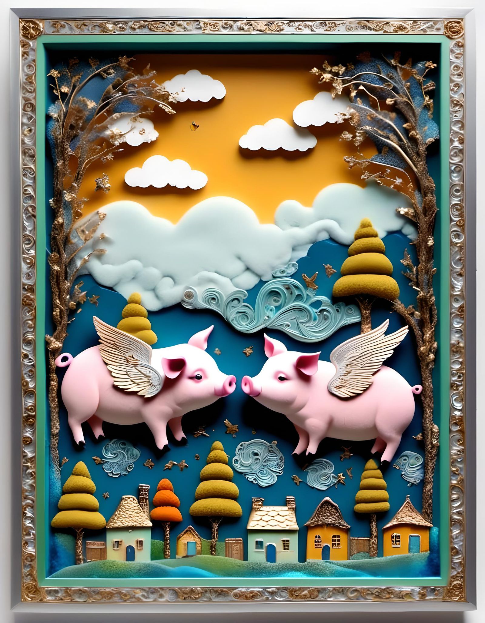 Flying Pigs Over Village in Ornate Relief