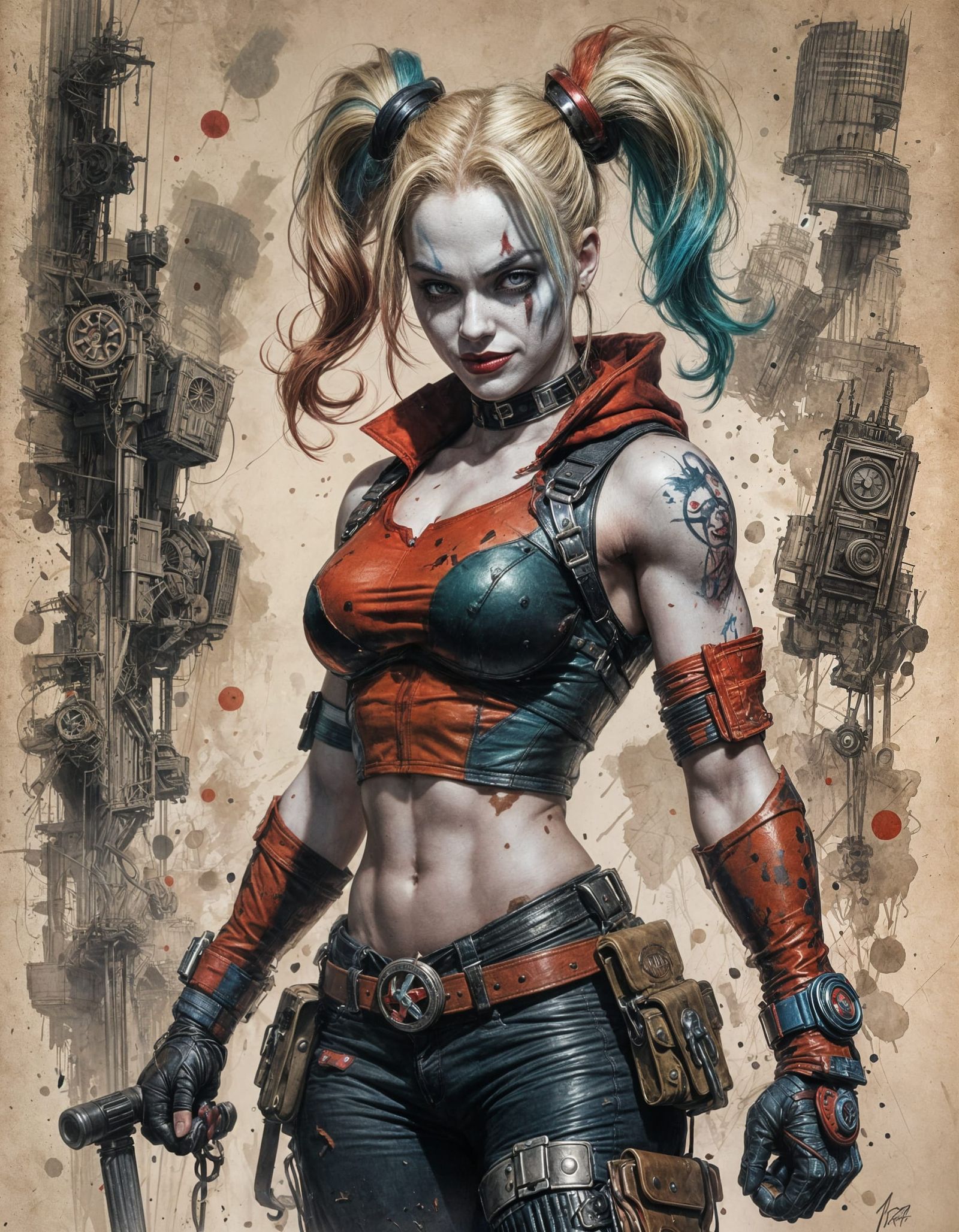 Muscular Harley Quinn Crayon Caricature Power Posing