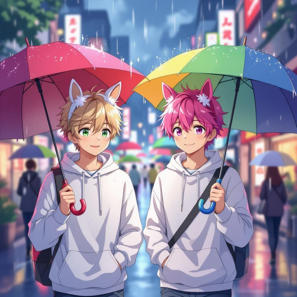 Anime Men with Horse Ears in Rainy Cityscape
