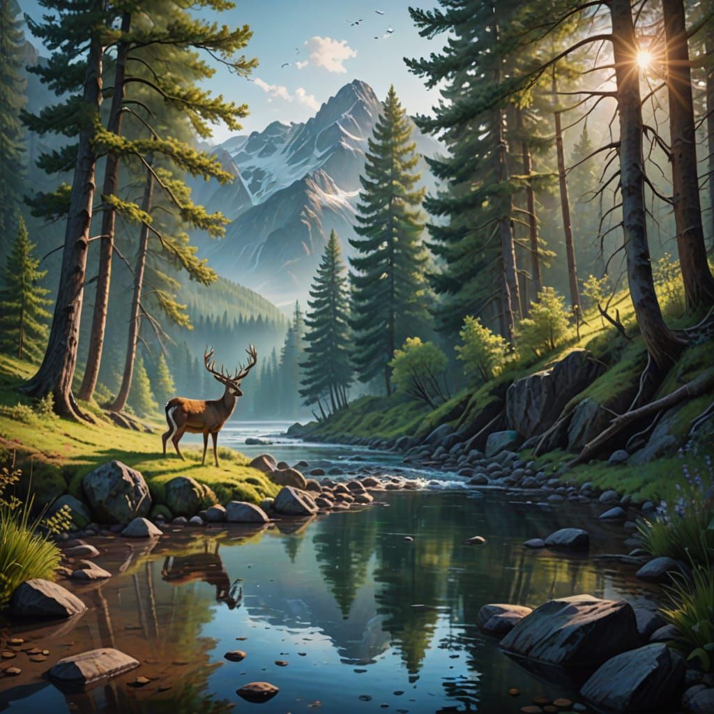 Hyper-Realistic Landscape with Buck Deer in Majestic Mountai...