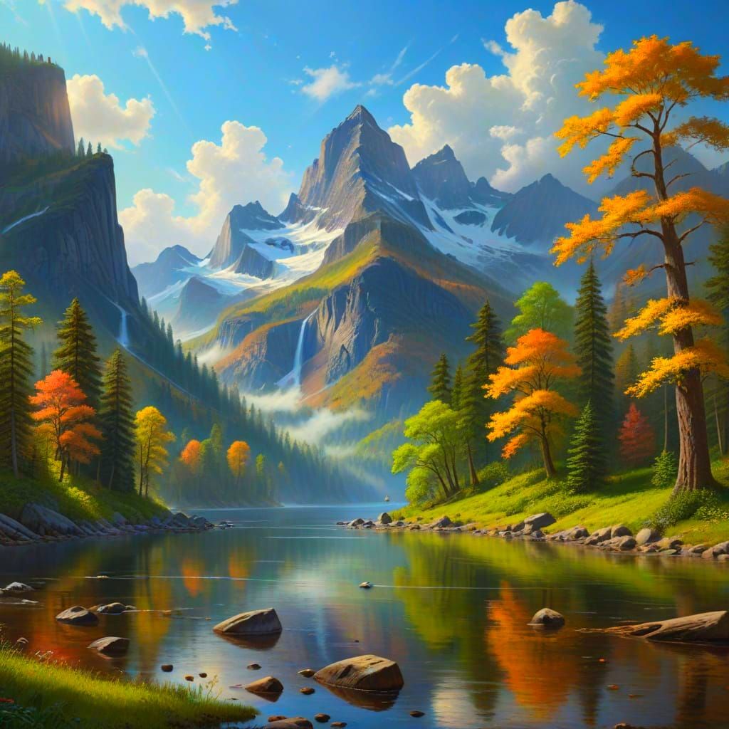 Painterly Mountain Landscape in Hudson River School Style