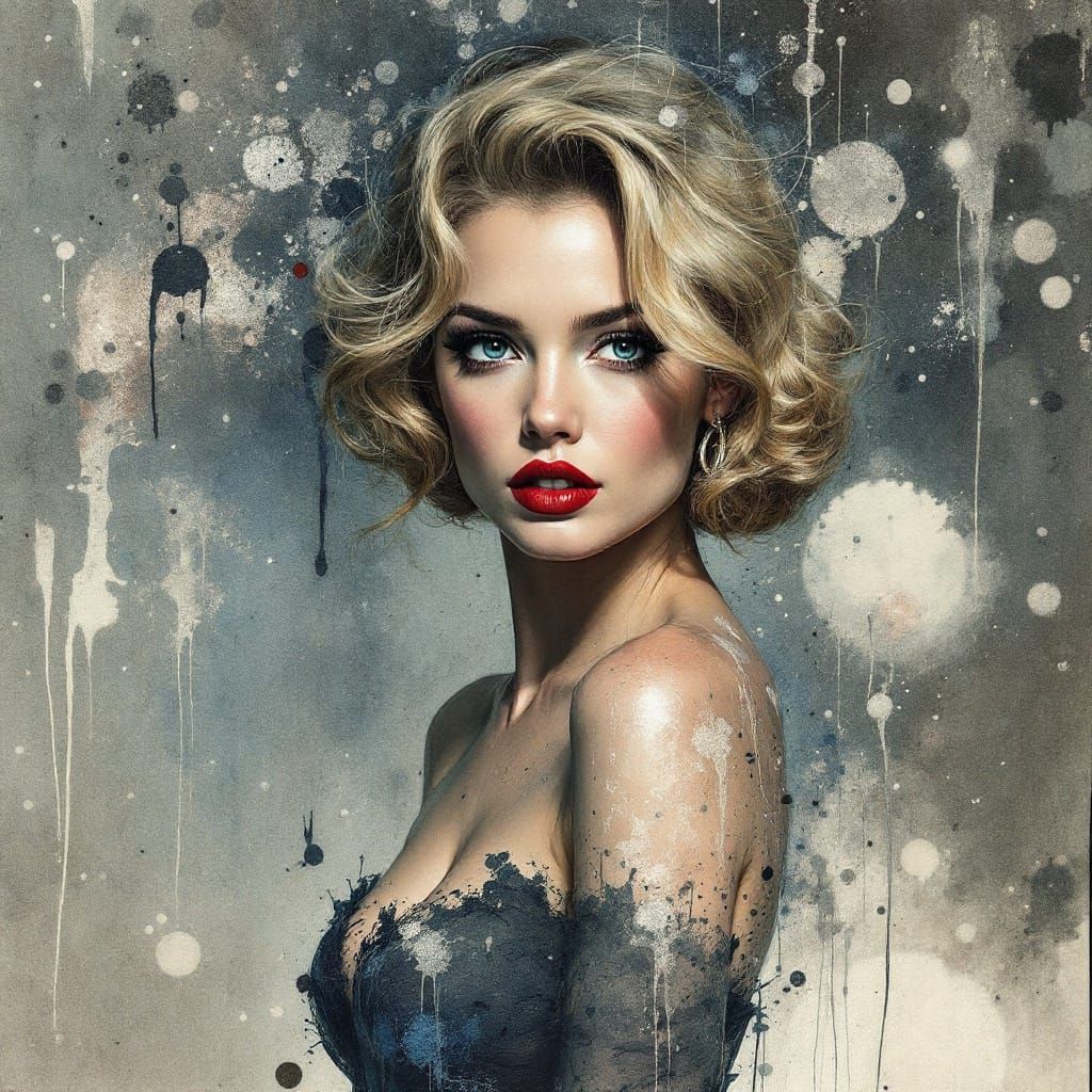 1950s Pin-Up in Surreal Watercolor Whiskey Splatter Style