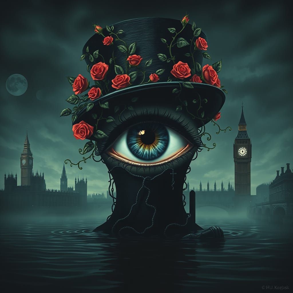 Surreal Eye Rises from Dark Water with Cityscape Silhouette
