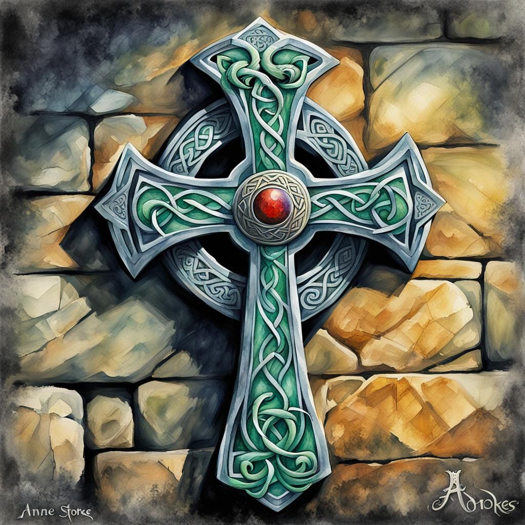 Dragon Clasps Celtic Cross: Watercolor Digital Art