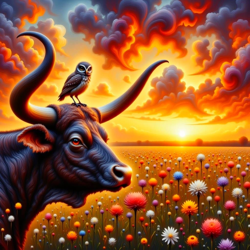 Whimsical Bull with Miniature Owl in Vibrant Sunset