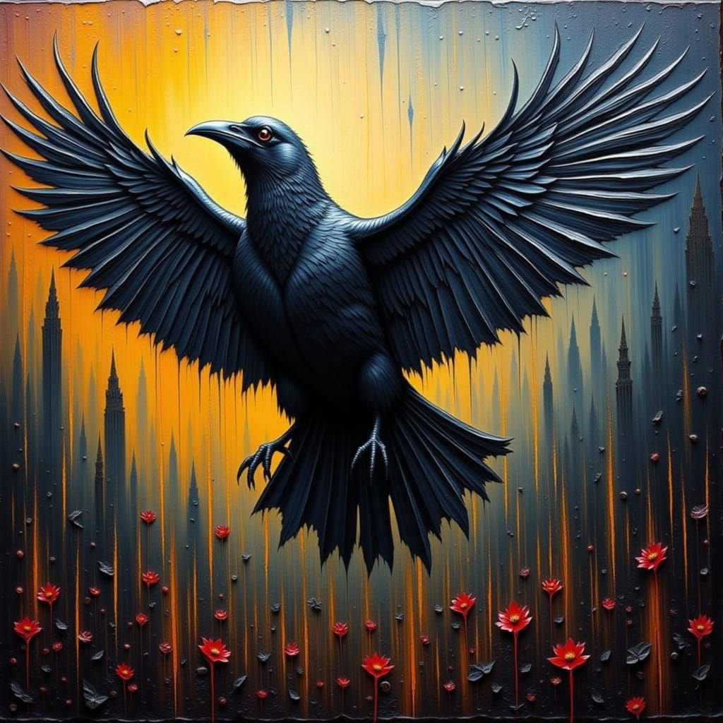 Crow Flying in Impasto Rain