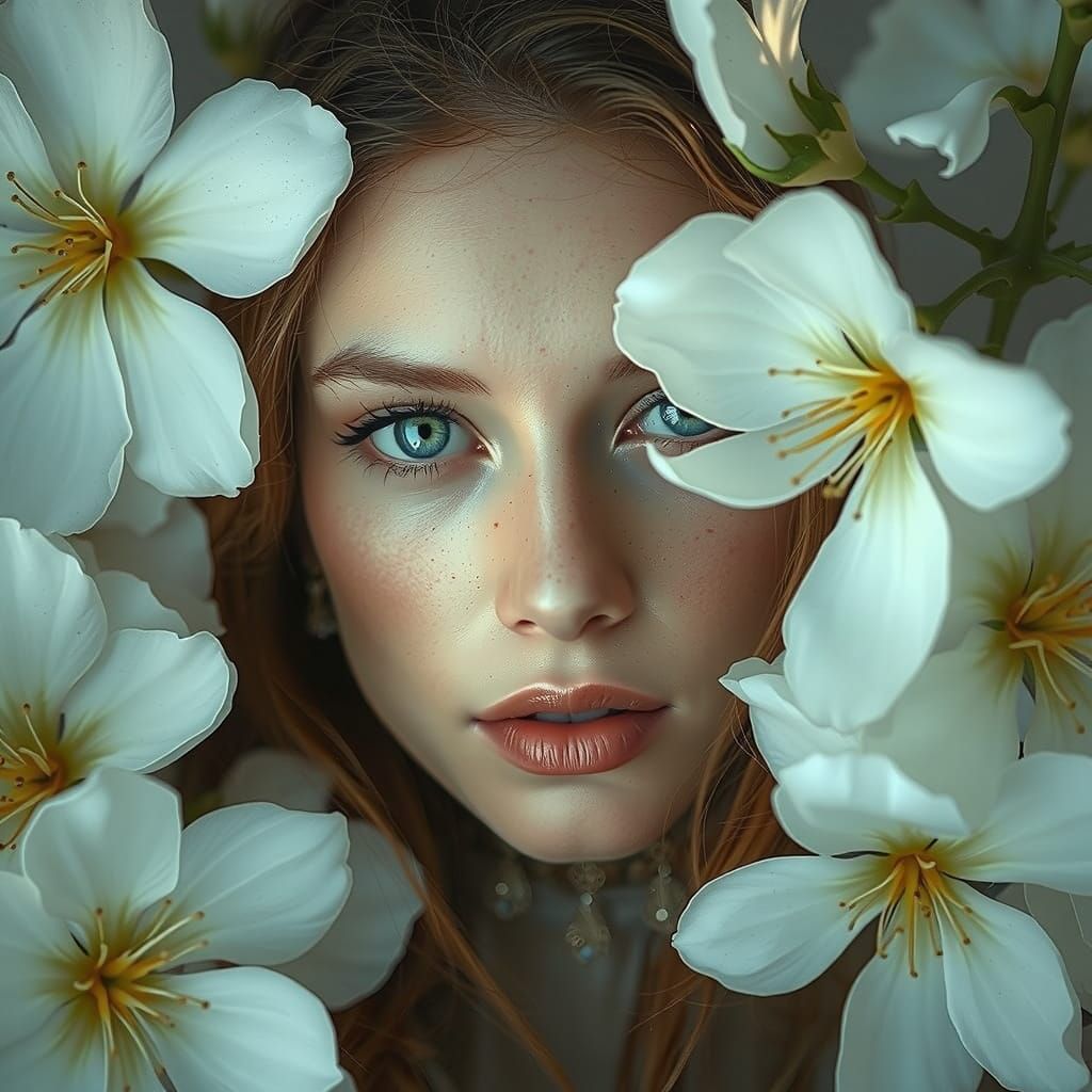 Ethereal Woman in Blossoms: Hyper-detailed Cinematic Portrai...