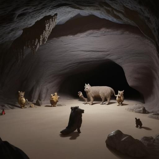 A large detailed cave. Several small furry animals in the cave. A gaelic man.