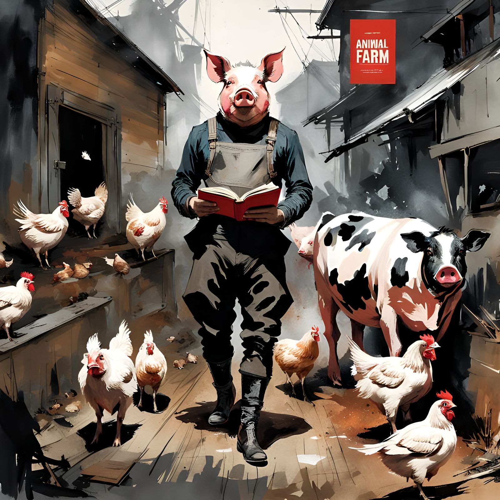 Anthropomorphic Pig on the Farm: Orwellian Illustration