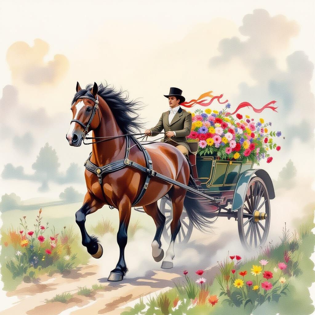 Horse-Drawn Flower Cart in Watercolor Style
