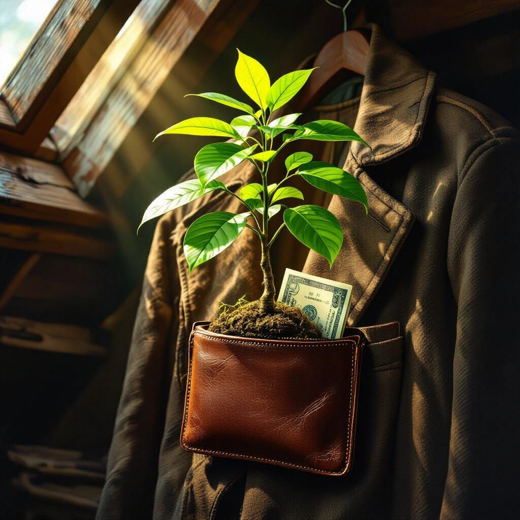 Money Tree Sprouts in Attic, Hyperrealist Art Nouveau Style
