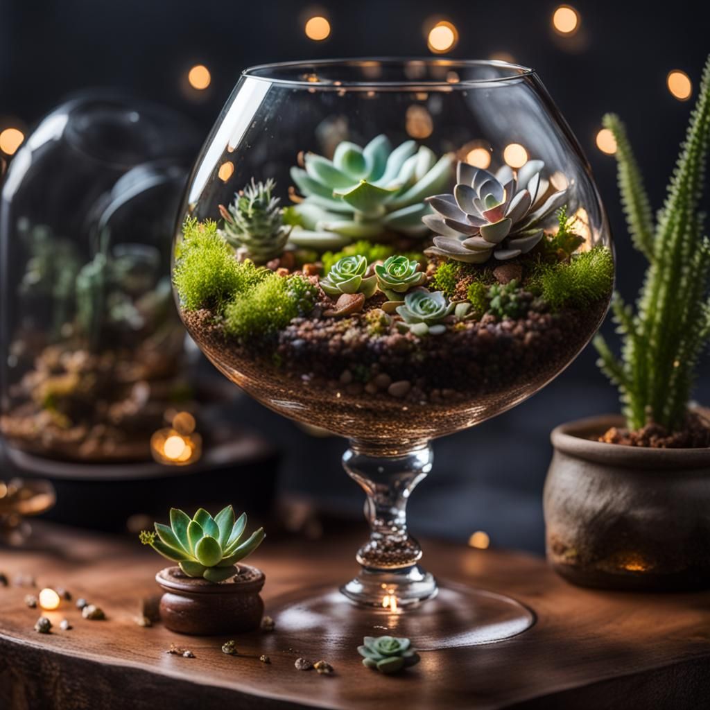 Succulent Terrarium with Fairies in Brandy Snifter