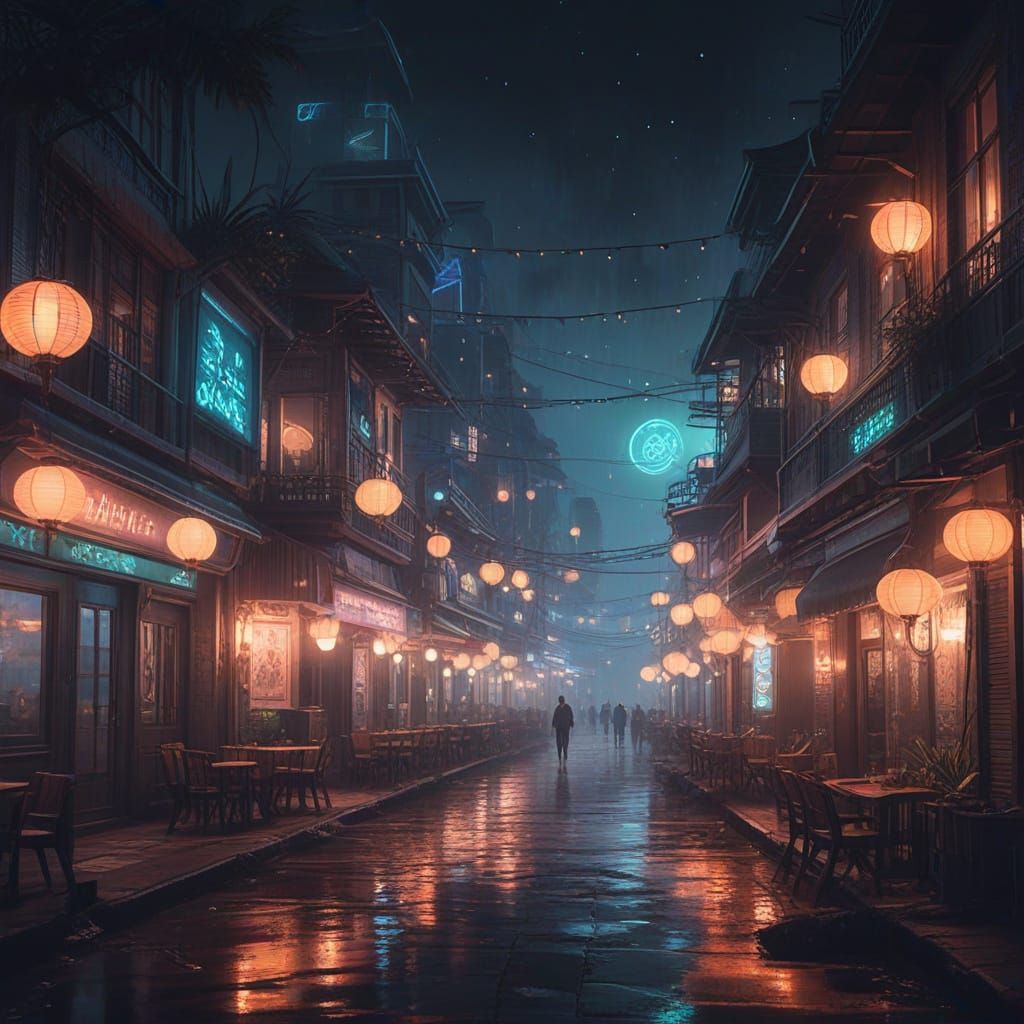 Magical Seaside Boulevard at Night with Neon Glow