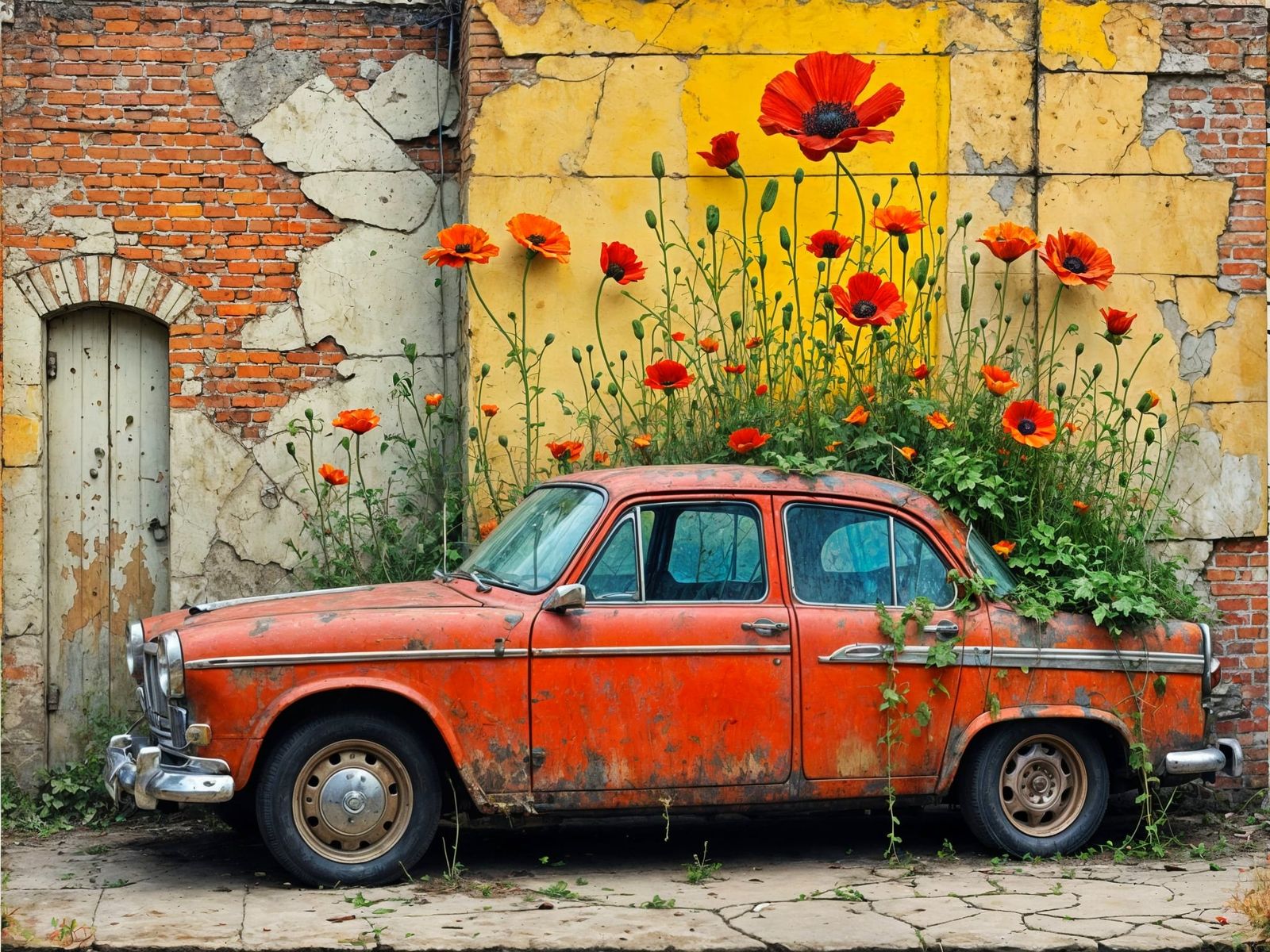 Poppies and Vines Adorn Graffiti Brick Wall