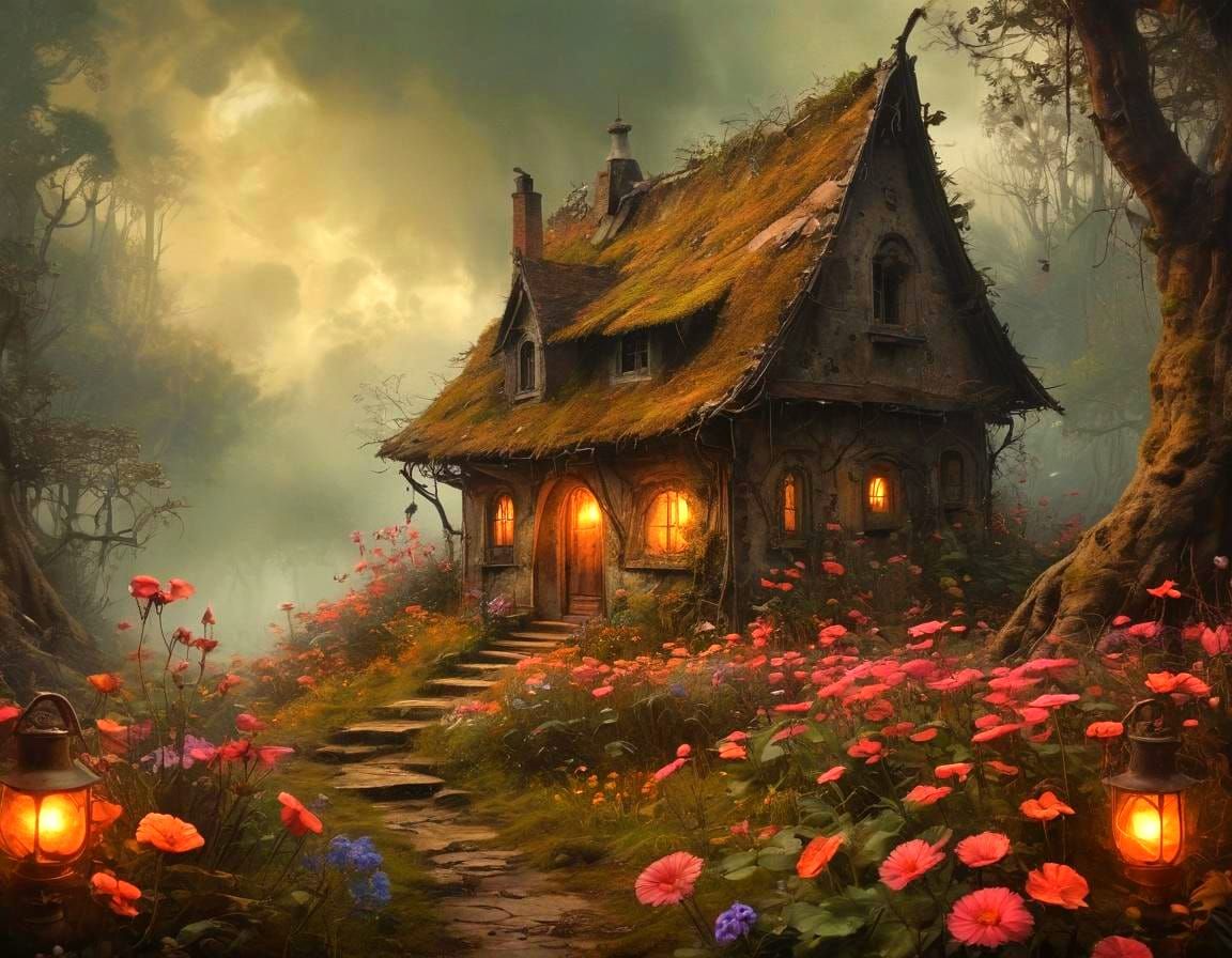 Witch Cottage in Flower Forest, Ink Painting Style