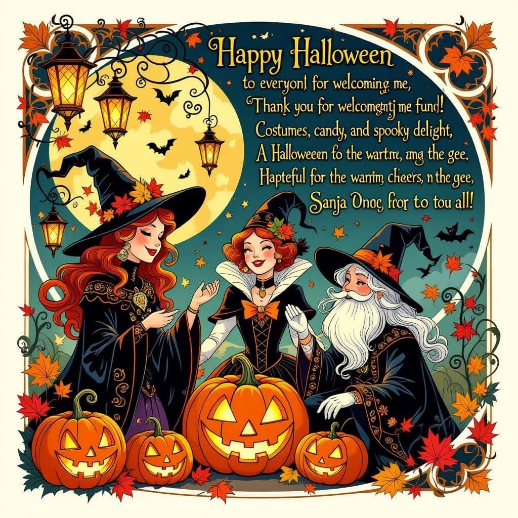 Art Nouveau Halloween Whimsical Characters with Pumpkins