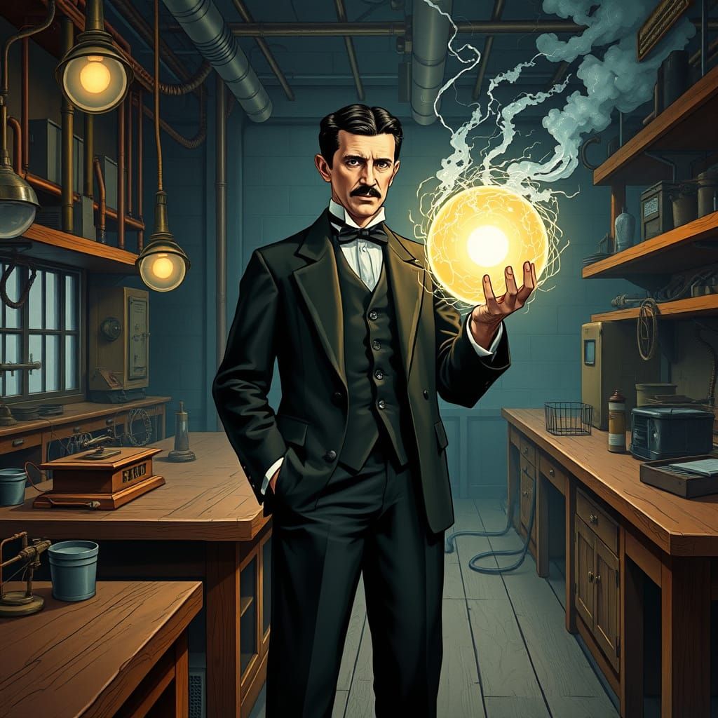 Futuristic Nikola Tesla in Industrial Laboratory