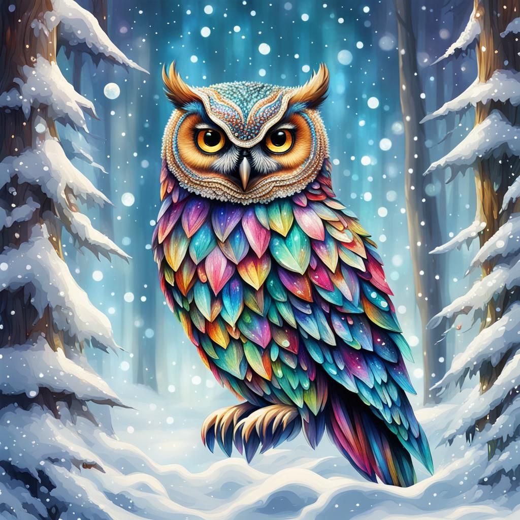 Bejeweled Owl in Snowy Forest with Baby Owls